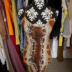 Absolutely Brown and Cream Snake Print Midi Dress